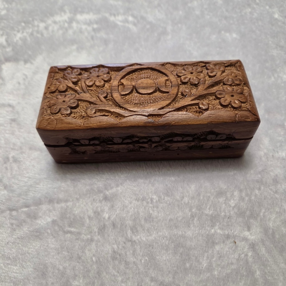 Hand Carved Wood Triple Moon Goddess Trinket Box Floral Whimsigoth Small 4 Inch